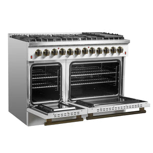 FORNO - Galiano 48-inch Dual Fuel Range White & Antique Brass Design with 8 Sealed Burners 107,000 BTU, 6.58 cu. ft. double ovens & Griddle