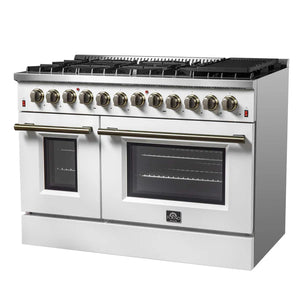 FORNO - Galiano 48-inch Dual Fuel Range White & Antique Brass Design with 8 Sealed Burners 107,000 BTU, 6.58 cu. ft. double ovens & Griddle