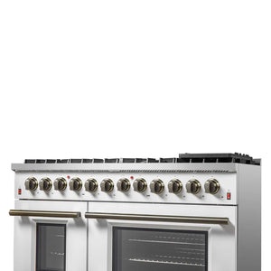 FORNO - Galiano 48-inch Dual Fuel Range White & Antique Brass Design with 8 Sealed Burners 107,000 BTU, 6.58 cu. ft. double ovens & Griddle
