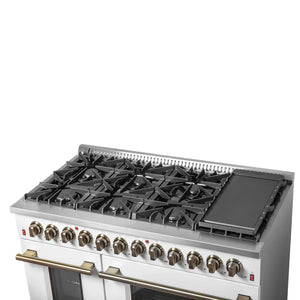 FORNO - Galiano 48-inch Dual Fuel Range White & Antique Brass Design with 8 Sealed Burners 107,000 BTU, 6.58 cu. ft. double ovens & Griddle