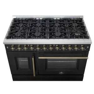 FORNO - Galiano 48-inch French Door Dual Fuel Range, Black & Antique Brass Design, 8 Sealed Burners - 107,000 BTU, Griddle, 6.58 cu.ft. Double Ovens