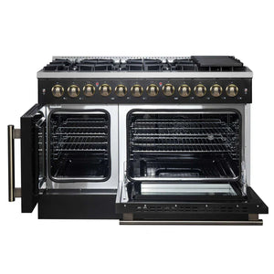 FORNO - Galiano 48-inch French Door Dual Fuel Range, Black & Antique Brass Design, 8 Sealed Burners - 107,000 BTU, Griddle, 6.58 cu.ft. Double Ovens