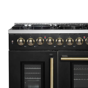 FORNO - Galiano 48-inch French Door Dual Fuel Range, Black & Antique Brass Design, 8 Sealed Burners - 107,000 BTU, Griddle, 6.58 cu.ft. Double Ovens