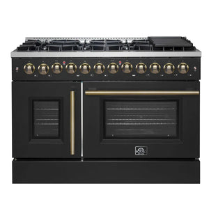 FORNO - Galiano 48-inch French Door Dual Fuel Range, Black & Antique Brass Design, 8 Sealed Burners - 107,000 BTU, Griddle, 6.58 cu.ft. Double Ovens