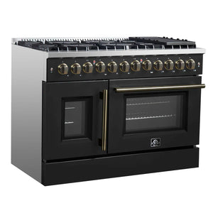 FORNO - Galiano 48-inch French Door Dual Fuel Range, Black & Antique Brass Design, 8 Sealed Burners - 107,000 BTU, Griddle, 6.58 cu.ft. Double Ovens