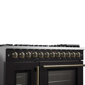 FORNO - Galiano 48-inch French Door Dual Fuel Range, Black & Antique Brass Design, 8 Sealed Burners - 107,000 BTU, Griddle, 6.58 cu.ft. Double Ovens