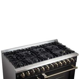 FORNO - Galiano 48-inch French Door Dual Fuel Range, Black & Antique Brass Design, 8 Sealed Burners - 107,000 BTU, Griddle, 6.58 cu.ft. Double Ovens