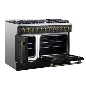 FORNO - Galiano 48-inch French Door Dual Fuel Range, Black & Antique Brass Design, 8 Sealed Burners - 107,000 BTU, Griddle, 6.58 cu.ft. Double Ovens