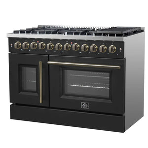 FORNO - Galiano 48-inch French Door Dual Fuel Range, Black & Antique Brass Design, 8 Sealed Burners - 107,000 BTU, Griddle, 6.58 cu.ft. Double Ovens