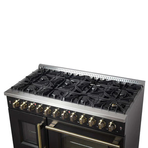 FORNO - Galiano 48-inch French Door Dual Fuel Range, Black & Antique Brass Design, 8 Sealed Burners - 107,000 BTU, Griddle, 6.58 cu.ft. Double Ovens