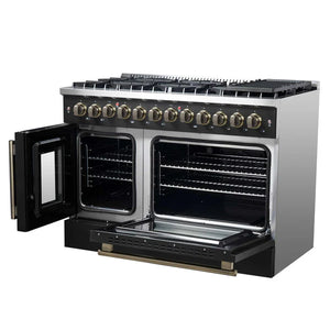 FORNO - Galiano 48-inch French Door Dual Fuel Range, Black & Antique Brass Design, 8 Sealed Burners - 107,000 BTU, Griddle, 6.58 cu.ft. Double Ovens