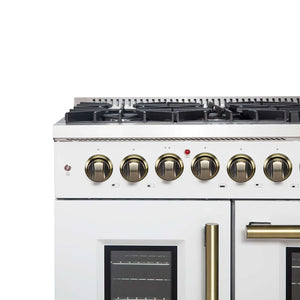 FORNO - Galiano 48-inch French Door Dual Fuel Range, White & Antique Brass Design, 8 Sealed Burners - 107,000 BTU, Griddle, 6.58 cu.ft. Double Ovens
