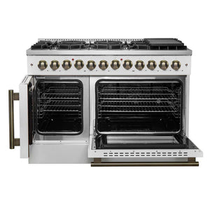 FORNO - Galiano 48-inch French Door Dual Fuel Range, White & Antique Brass Design, 8 Sealed Burners - 107,000 BTU, Griddle, 6.58 cu.ft. Double Ovens