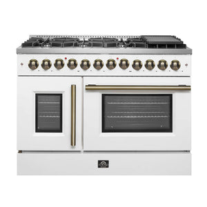 FORNO - Galiano 48-inch French Door Dual Fuel Range, White & Antique Brass Design, 8 Sealed Burners - 107,000 BTU, Griddle, 6.58 cu.ft. Double Ovens