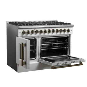 FORNO - Galiano 48-inch French Door Dual Fuel Range, White & Antique Brass Design, 8 Sealed Burners - 107,000 BTU, Griddle, 6.58 cu.ft. Double Ovens