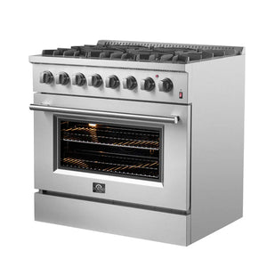 FORNO - Marco 36-Inch Dual Fuel Range, Stainless Steel, 6 Burners, 67,000 BTU, True Convection Oven, Energy Efficient