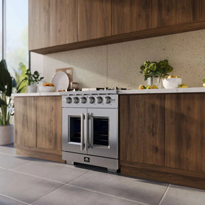 FORNO - Capriasca 30-Inch Freestanding French Door Gas Range, 4 Burners, Convection Oven, Energy Efficient