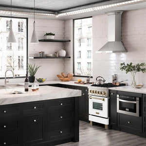 ZLINE - Autograph Edition 24 in. 2.8 cu. ft. Legacy Dual Fuel Range with 4 Burner Gas Cooktop and Electric Convection Oven in Stainless Steel with White Matte Door and Polished Gold Accents