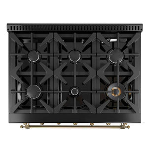 FORNO - Antico 36-Inch Freestanding Gas Range, Black, Antique Brass Design, 6 Burners, Convection Oven, Energy Efficient