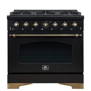FORNO - Antico 36-Inch Freestanding Gas Range, Black, Antique Brass Design, 6 Burners, Convection Oven, Energy Efficient