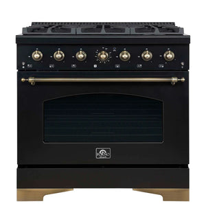 FORNO - Antico 36-Inch Freestanding Gas Range, Black, Antique Brass Design, 6 Burners, Convection Oven, Energy Efficient