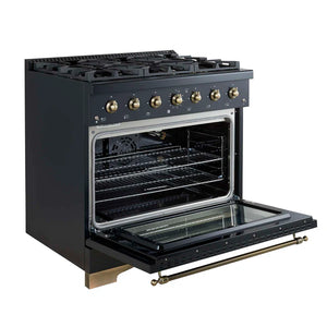 FORNO - Antico 36-Inch Freestanding Gas Range, Black, Antique Brass Design, 6 Burners, Convection Oven, Energy Efficient