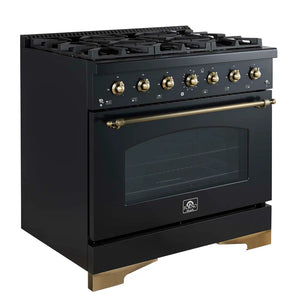 FORNO - Antico 36-Inch Freestanding Gas Range, Black, Antique Brass Design, 6 Burners, Convection Oven, Energy Efficient