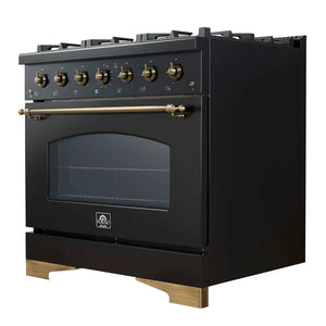 FORNO - Antico 36-Inch Freestanding Gas Range, Black, Antique Brass Design, 6 Burners, Convection Oven, Energy Efficient