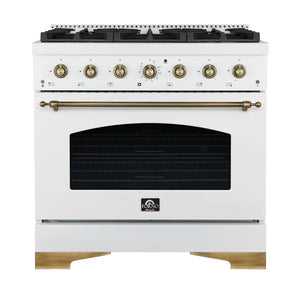 FORNO - Antico 36-Inch Freestanding Gas Range, White, Antique Brass Design, 6 Burners, Convection Oven, Energy Efficient