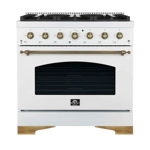 FORNO - Antico 36-Inch Freestanding Gas Range, White, Antique Brass Design, 6 Burners, Convection Oven, Energy Efficient