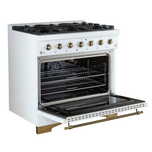 FORNO - Antico 36-Inch Freestanding Gas Range, White, Antique Brass Design, 6 Burners, Convection Oven, Energy Efficient