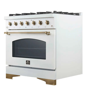 FORNO - Antico 36-Inch Freestanding Gas Range, White, Antique Brass Design, 6 Burners, Convection Oven, Energy Efficient