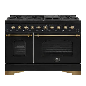 FORNO - Antico 48-Inch Freestanding Gas Range, Black, Antique Brass Design, 8 Burners, Griddle, Double Ovens, Energy Efficient