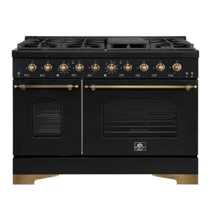 FORNO - Antico 48-Inch Freestanding Gas Range, Black, Antique Brass Design, 8 Burners, Griddle, Double Ovens, Energy Efficient