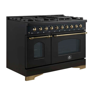 FORNO - Antico 48-Inch Freestanding Gas Range, Black, Antique Brass Design, 8 Burners, Griddle, Double Ovens, Energy Efficient