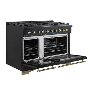 FORNO - Antico 48-Inch Freestanding Gas Range, Black, Antique Brass Design, 8 Burners, Griddle, Double Ovens, Energy Efficient