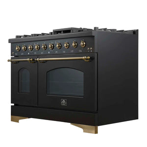 FORNO - Antico 48-Inch Freestanding Gas Range, Black, Antique Brass Design, 8 Burners, Griddle, Double Ovens, Energy Efficient