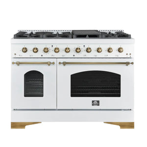 FORNO - Antico 48-Inch Freestanding Gas Range, White, Antique Brass Design, 8 Burners, Griddle, Double Ovens, Energy Efficient