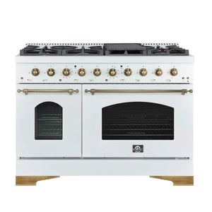 FORNO - Antico 48-Inch Freestanding Gas Range, White, Antique Brass Design, 8 Burners, Griddle, Double Ovens, Energy Efficient