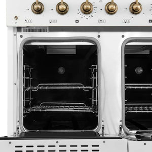 FORNO - Antico 48-Inch Freestanding Gas Range, White, Antique Brass Design, 8 Burners, Griddle, Double Ovens, Energy Efficient
