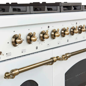 FORNO - Antico 48-Inch Freestanding Gas Range, White, Antique Brass Design, 8 Burners, Griddle, Double Ovens, Energy Efficient