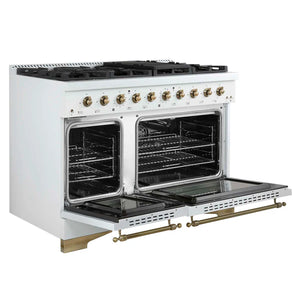 FORNO - Antico 48-Inch Freestanding Gas Range, White, Antique Brass Design, 8 Burners, Griddle, Double Ovens, Energy Efficient