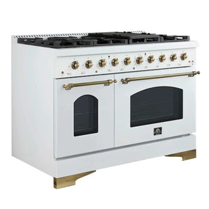 FORNO - Antico 48-Inch Freestanding Gas Range, White, Antique Brass Design, 8 Burners, Griddle, Double Ovens, Energy Efficient