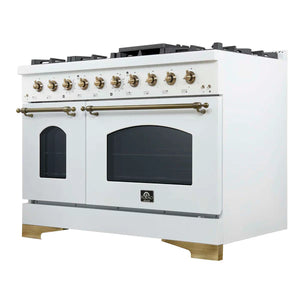 FORNO - Antico 48-Inch Freestanding Gas Range, White, Antique Brass Design, 8 Burners, Griddle, Double Ovens, Energy Efficient