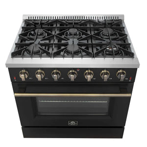 FORNO - Galiano 36-inch Freestanding Gas Range in Black with Antique Brass Design, 6 Burners, 83,000 BTU, 5.36 cu.ft. Convection Oven