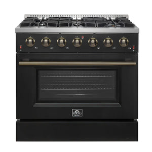 FORNO - Galiano 36-inch Freestanding Gas Range in Black with Antique Brass Design, 6 Burners, 83,000 BTU, 5.36 cu.ft. Convection Oven