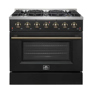 FORNO - Galiano 36-inch Freestanding Gas Range in Black with Antique Brass Design, 6 Burners, 83,000 BTU, 5.36 cu.ft. Convection Oven