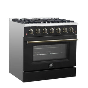 FORNO - Galiano 36-inch Freestanding Gas Range in Black with Antique Brass Design, 6 Burners, 83,000 BTU, 5.36 cu.ft. Convection Oven