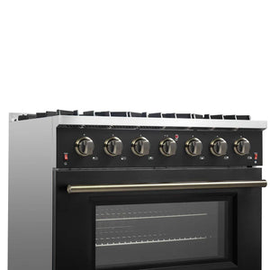 FORNO - Galiano 36-inch Freestanding Gas Range in Black with Antique Brass Design, 6 Burners, 83,000 BTU, 5.36 cu.ft. Convection Oven