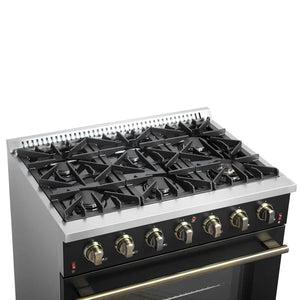 FORNO - Galiano 36-inch Freestanding Gas Range in Black with Antique Brass Design, 6 Burners, 83,000 BTU, 5.36 cu.ft. Convection Oven